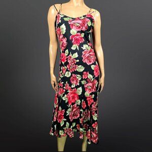 Vintage 90s Y2K Rose Print Black Midi Dress Size 8 Sleeveless Asymmetric Hem